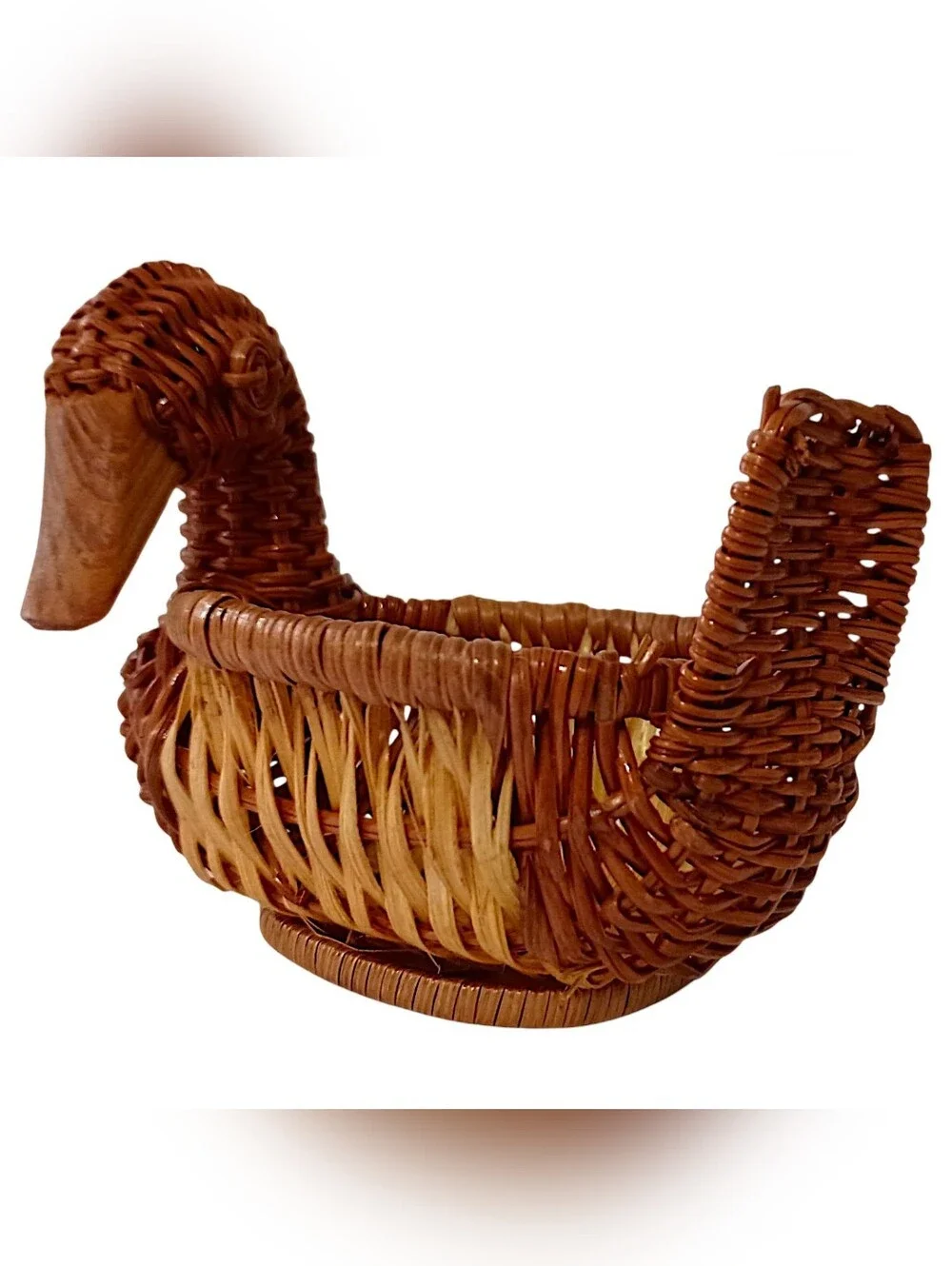 Vtg Mini Wicker Duck Goose Basket Planter Succulents Brown Figural Cottage Core